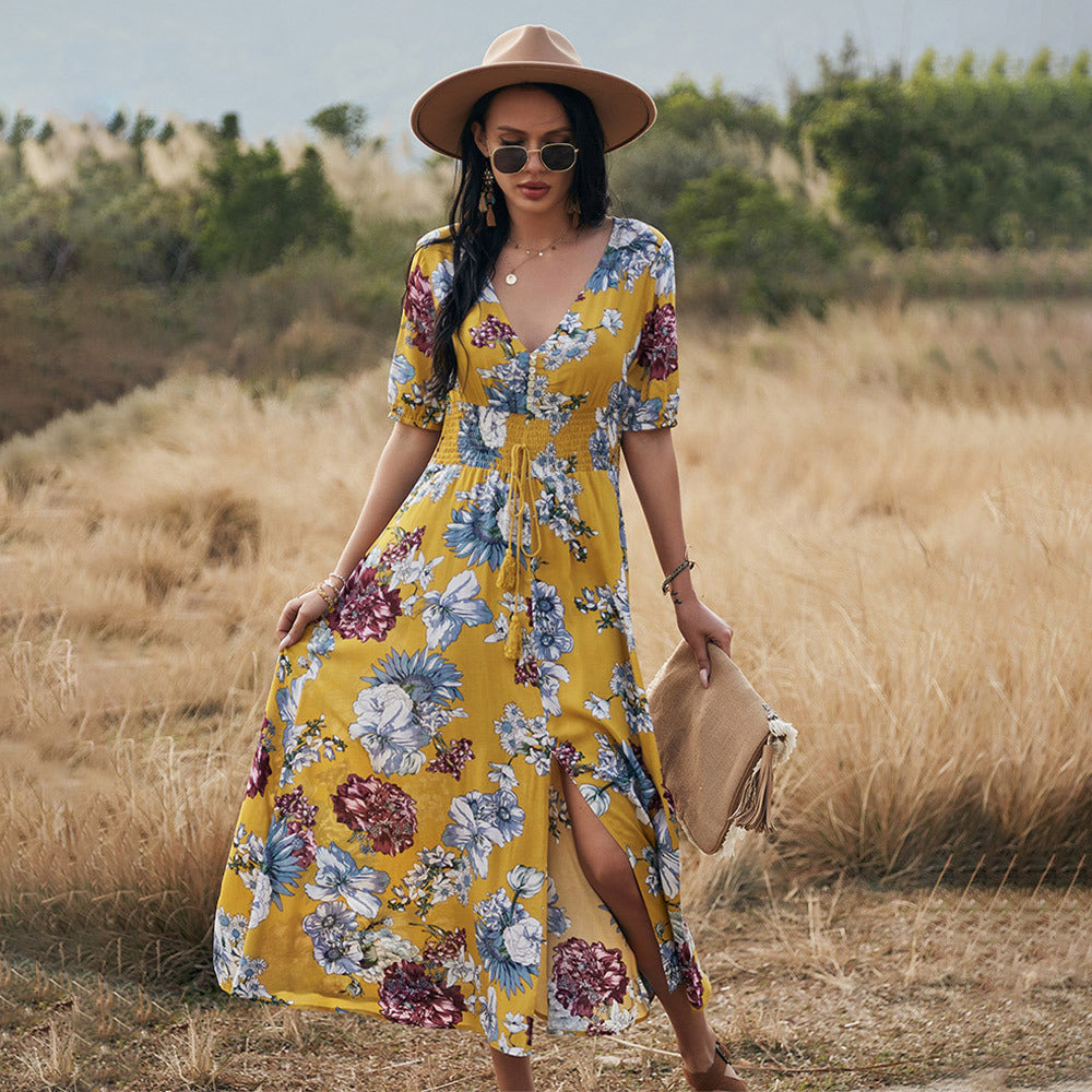 Women's Floral V-Neck Beach Dress – Elastic Waist Summer Maxi Dress with Lightweight Fabric